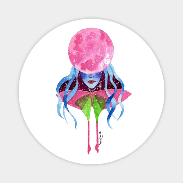 Luna Moth Girl Moon Watercolor Painting Magnet by Celestial Hue